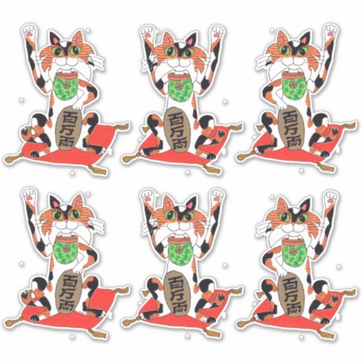 Set van Six Cute Maneki Neko Lucky Becelling Cats Sticker (Voorkant)