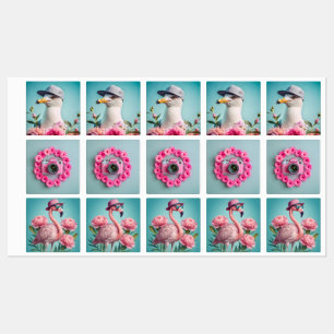 Set van stickers, zeemeeuw camera, flamingo blauw labels