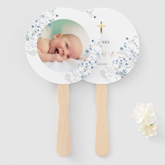 set van tien blauwe wilde bloemen Doop Handwaaier (Voorkant en achterkant)