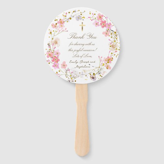 set van tien roze bloemen lijst Doop Handwaaier (Achterkant)