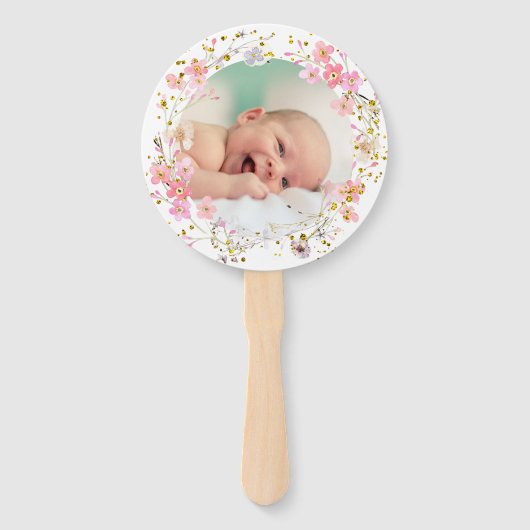 set van tien roze bloemen lijst Doop Handwaaier (Voorkant)