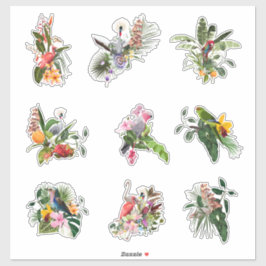 Set van tropische bloemen, palmbladeren en vogels. sticker