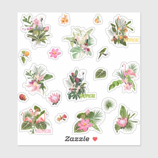 Set van tropische bloemen, palmbladeren en vogels. sticker (Vel)