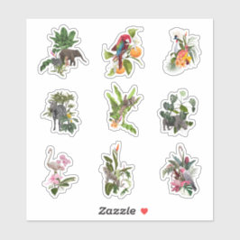 Set van tropische bloemen, palmbladeren en vogels. sticker