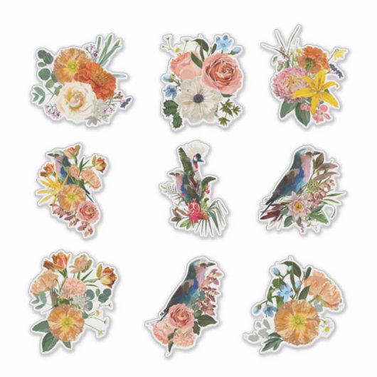 Set van tuin lente bloemen en vogels elementen. sticker (Voorkant)