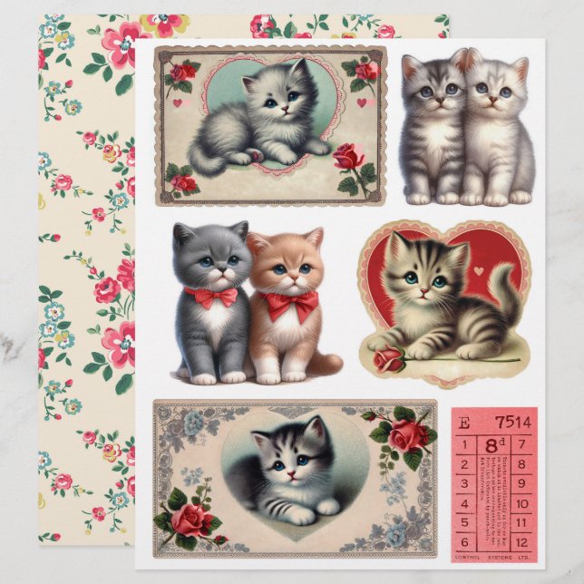 Set Vintage Stijl Kitten Ephemera & Fussy Cuts (Voorkant / Achterkant)