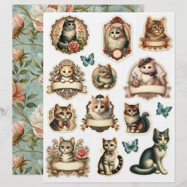 Set Vintage Stijl Kitten Labels & Fussy Cuts (Voorkant / Achterkant)