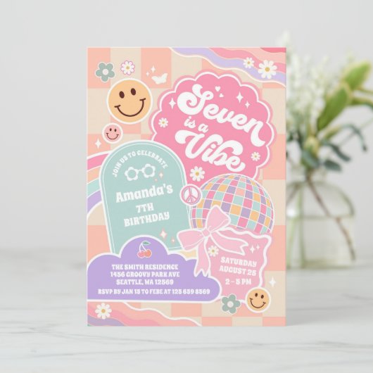 Seven Is A Vibe Cloud Rainbow Disco 7th Birthday Kaart (Staand voorkant)