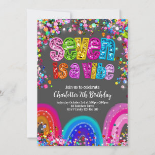 Seven is een vibe glitter girls party uitnodiging