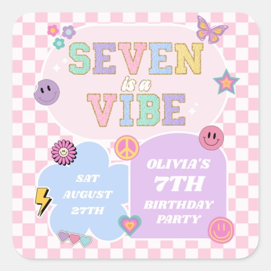 Seven is een vibe preppy patch 7e verjaardagsfeest vierkante sticker (Voorkant)
