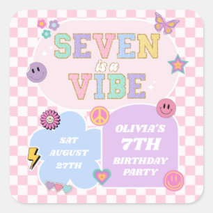 Seven is een vibe preppy patch 7e verjaardagsfeest vierkante sticker
