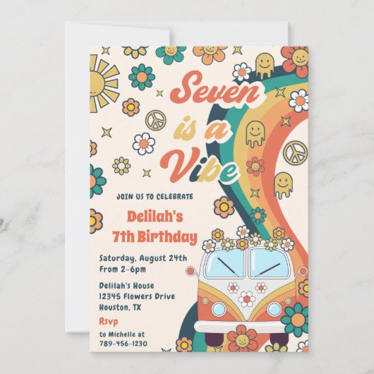 Seven is een Vibe Retro Bloemen 7e Verjaardagsfees Kaart (Voorkant)