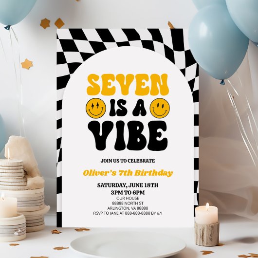 Seven is een vibe retro eerste 7e verjaardagsfeest kaart