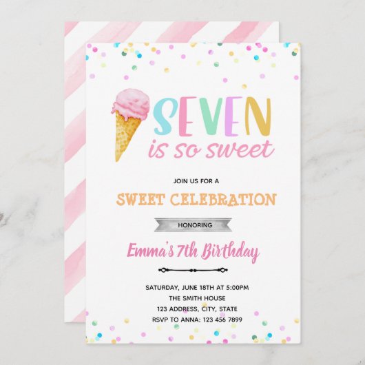 Seven is zo zoete ijs uitnodiging (Voorkant / Achterkant)