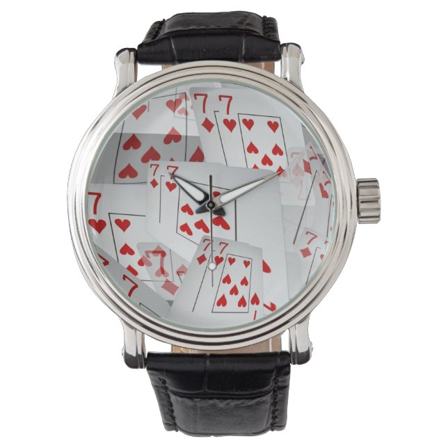 Sevens, Poker Cards, Mannen Leather Big Face Watch Horloge (Voorkant)