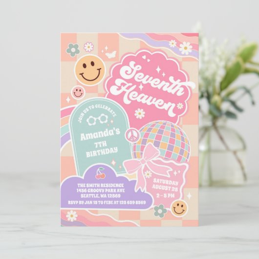 Seventh Heaven Cloud Rainbow Disco 7th Birthday Kaart (Staand voorkant)