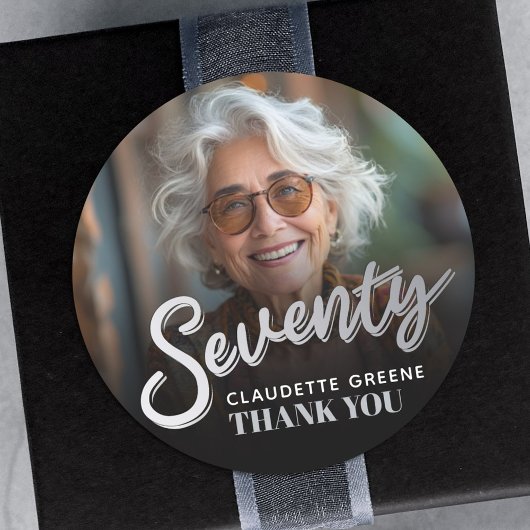 Seventy 70th birthday party photo silver favor ronde sticker