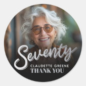 Seventy 70th birthday party photo silver favor ronde sticker (Voorkant)