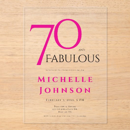 Seventy and Fabulous Minimal Pink 70th Birthday Acryl Uitnodigingen (Voorkant)