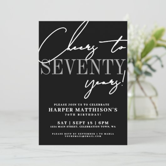 Seventy Black 70th Birthday Party Kaart (Staand voorkant)