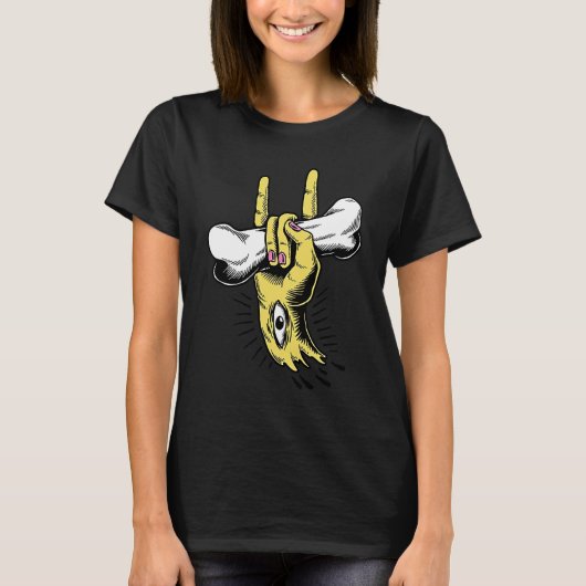 Severed Devil Horns Hand With Eye Holding a Bone T-shirt (Voorkant)