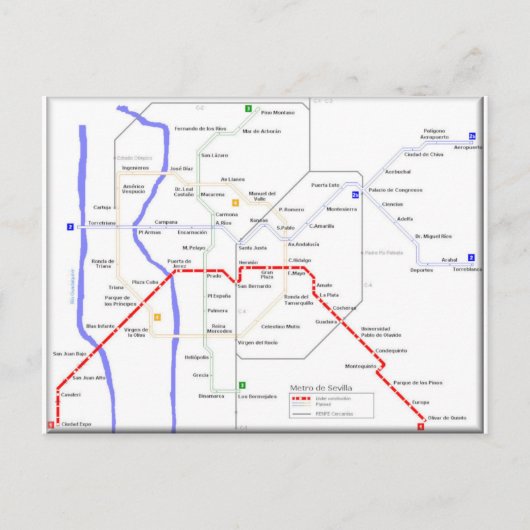 Sevilla Metro Map Briefkaart (Voorkant)