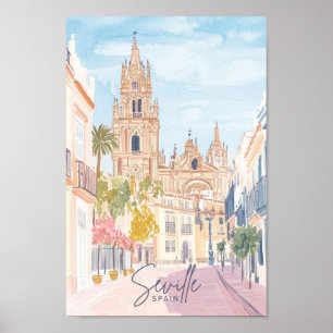Sevilla Spanje Gouache Verf Illustratie Reizen Poster