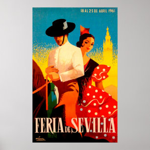 Sevilla, Spanje, paartje op paard, vintage reis Poster