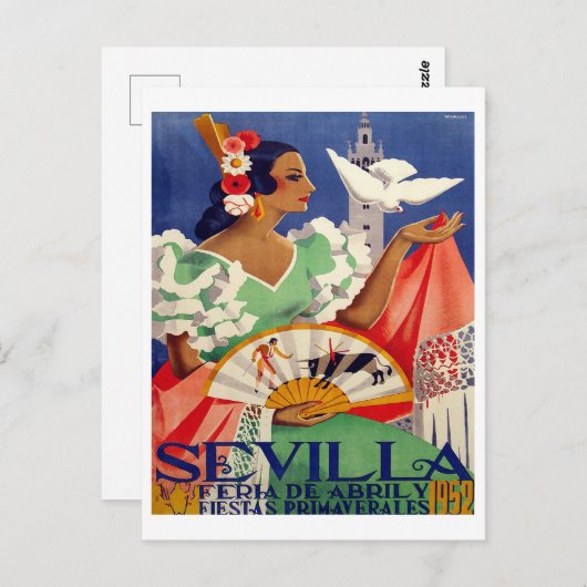Sevilla, Spanje, vrouw met witte duif,  Briefkaart (Voorkant / Achterkant)