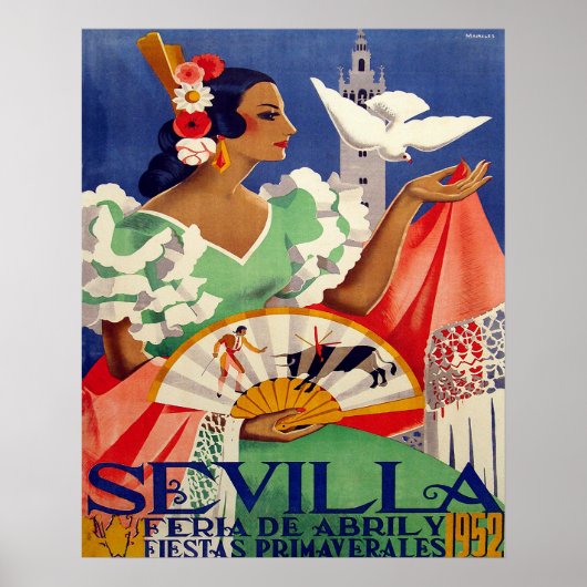 Sevilla, Spanje, vrouw met witte duif, vintage Poster (Voorkant)