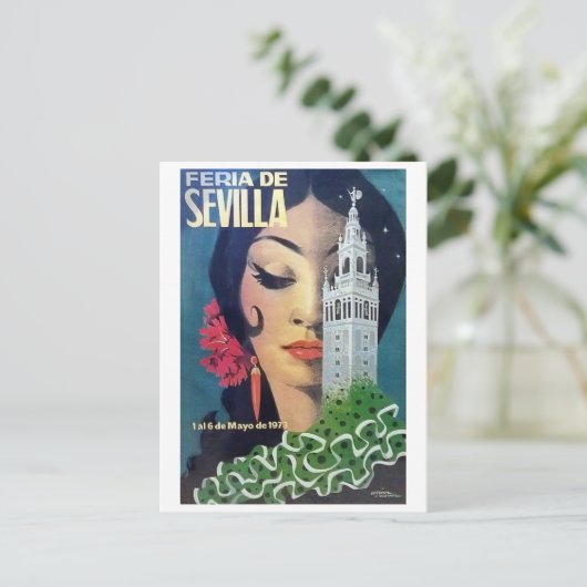 Sevilla, stadstoren en zwarte harige vrouw,  briefkaart (Staand voorkant)