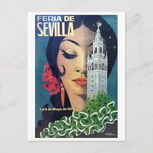 Sevilla, stadstoren en zwarte harige vrouw, briefkaart (Voorkant)