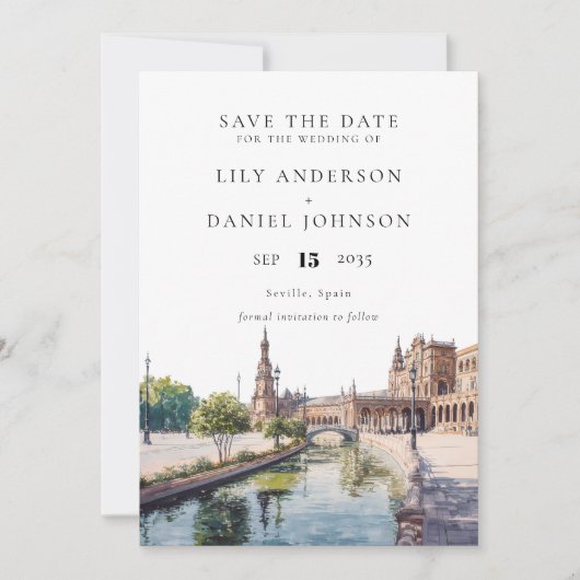 Seville Spain Watercolor Elegant Wedding Save The Date (Voorkant)