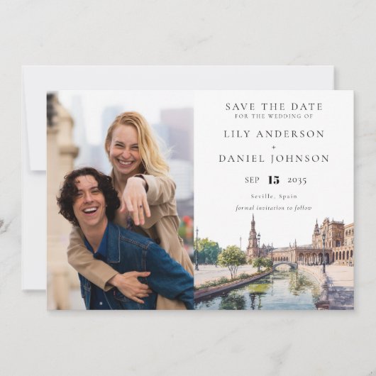 Seville Spain Watercolor Photo Wedding Save The Date (Voorkant)