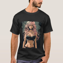 Sexy anime meisje in zwart bikini t-shirt