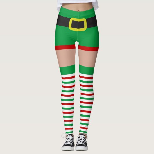 Sexy Elf Red Green Striped Stockings Novelty Fun Leggings (Voorkant)