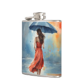 Sexy Lady in Rain met paraplu - Waterverf Kunst Heupfles (Links)