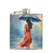 Sexy Lady in Rain met paraplu - Waterverf Kunst Heupfles (Voorkant)