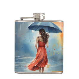 Sexy Lady in Rain met paraplu - Waterverf Kunst Heupfles