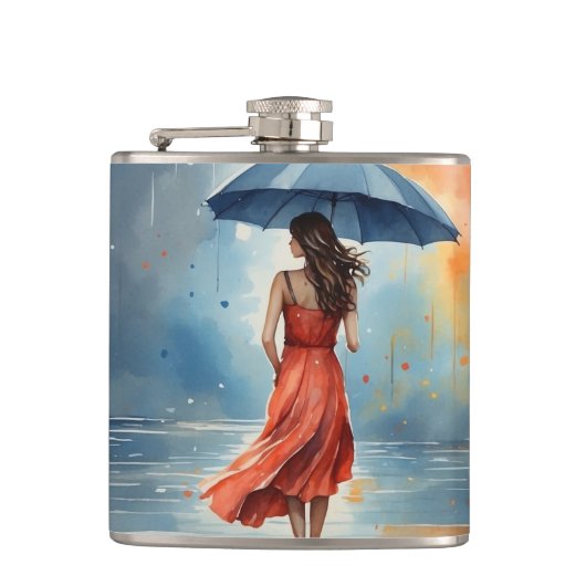 Sexy Lady in Rain met paraplu - Waterverf Kunst Heupfles (Voorkant)