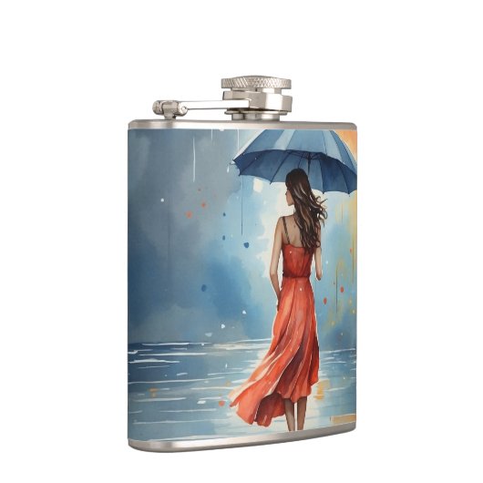 Sexy Lady in Rain met paraplu - Waterverf Kunst Heupfles (Rechts)