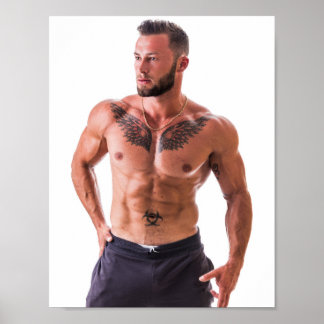 Sexy Man Tatoeages Borstspieren Spieren Baard Poster