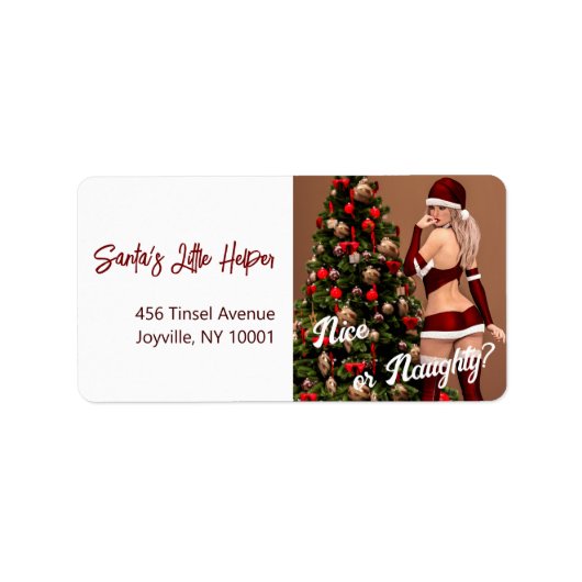 Sexy Santa Girl in de buurt van de kerstboom Etiket (Voorkant)