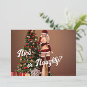 Sexy Santa Girl in de buurt van de kerstboom Feestdagenkaart (Staand voorkant)