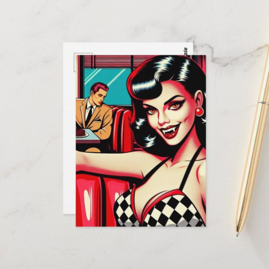 Sexy vampier in het retro diner briefkaart (Voorkant / Achterkant in situ)