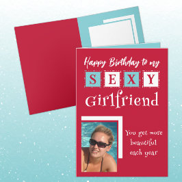 Sexy vriendin toevoegen foto rood blauw birthday kaart