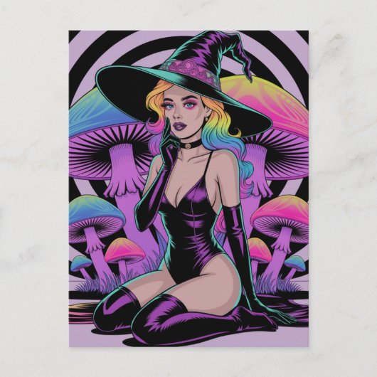 Sexy Witch with Colorful Hair and Mushrooms Briefkaart (Voorkant)