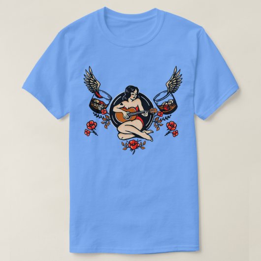 Sey  Pinup Girl met Rozen en whisky afspelen T-shirt (Design voorkant)