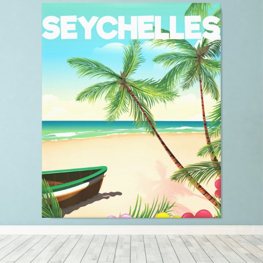 Seychellen strandreisposter canvas afdruk (Insitu (Houten vloer))