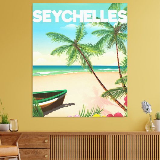 Seychellen strandreisposter canvas afdruk (Insitu (Woonkamer))